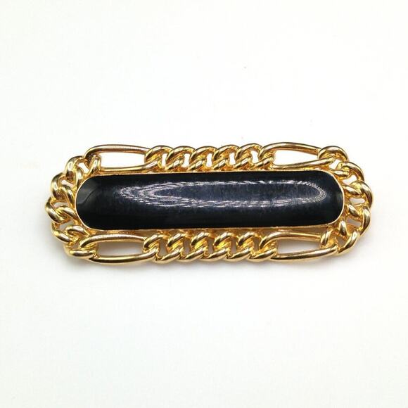 Vintage Monet Black Enamel Brooch, Gold Plated, Chain Design - Picture 10 of 10